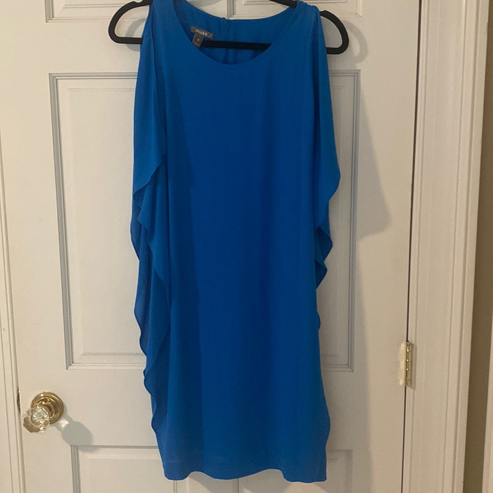 Muse dress in royal blue with flutter sleeves.